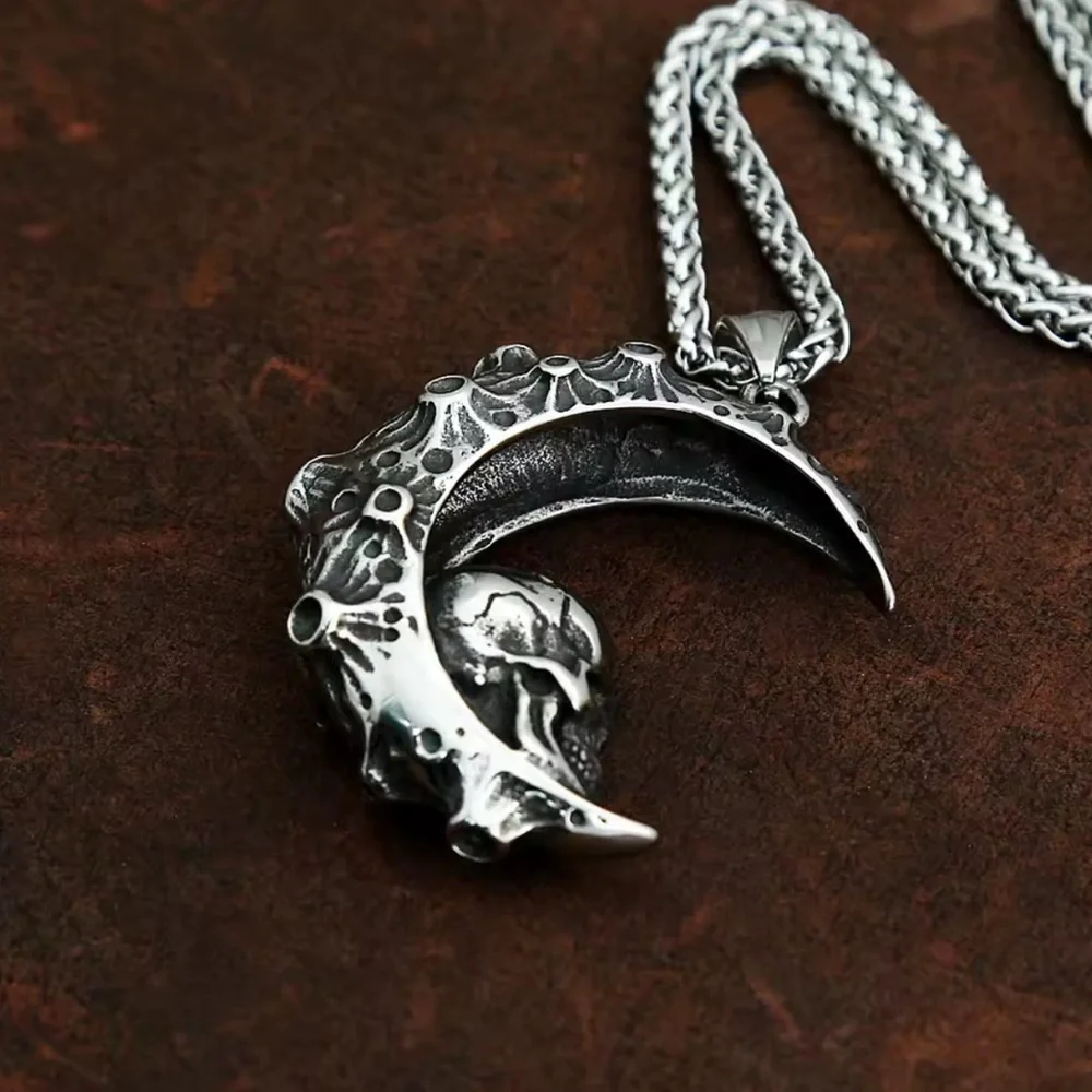 925 Sterling Silver Skull In Crescent Moon NO FADE Necklace Unisex Biker Goth